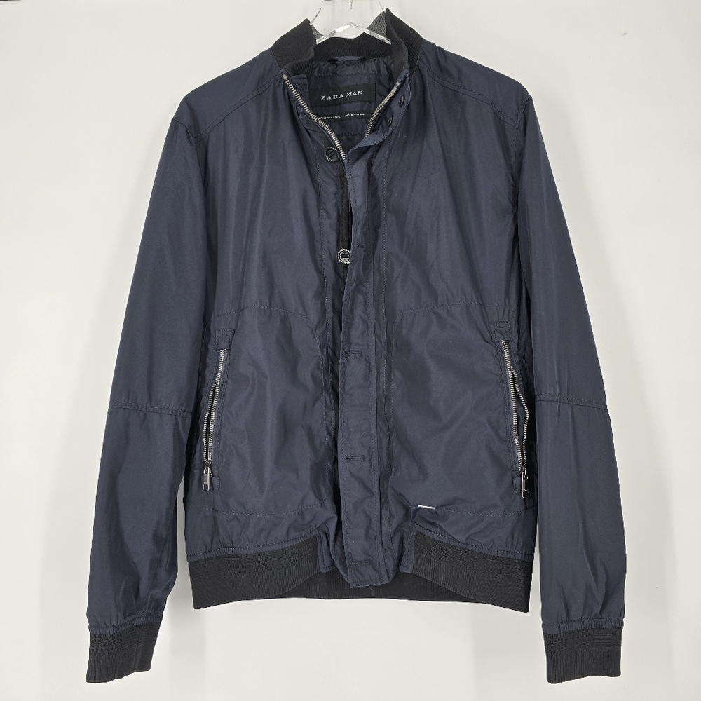 Zara Men's Navy Blue Bomber Jacket Size L